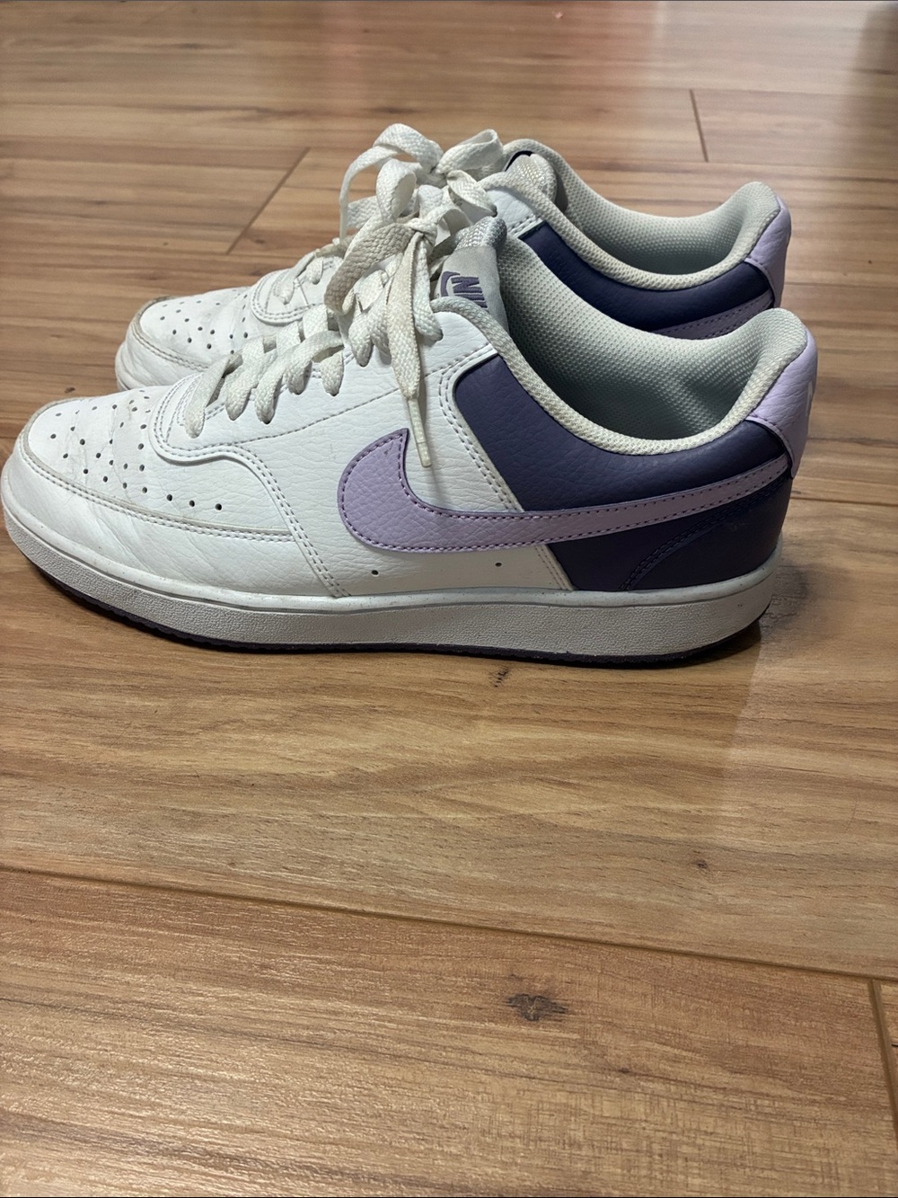 Nike White Sneakers with Lavender and Deep Purple Accents
